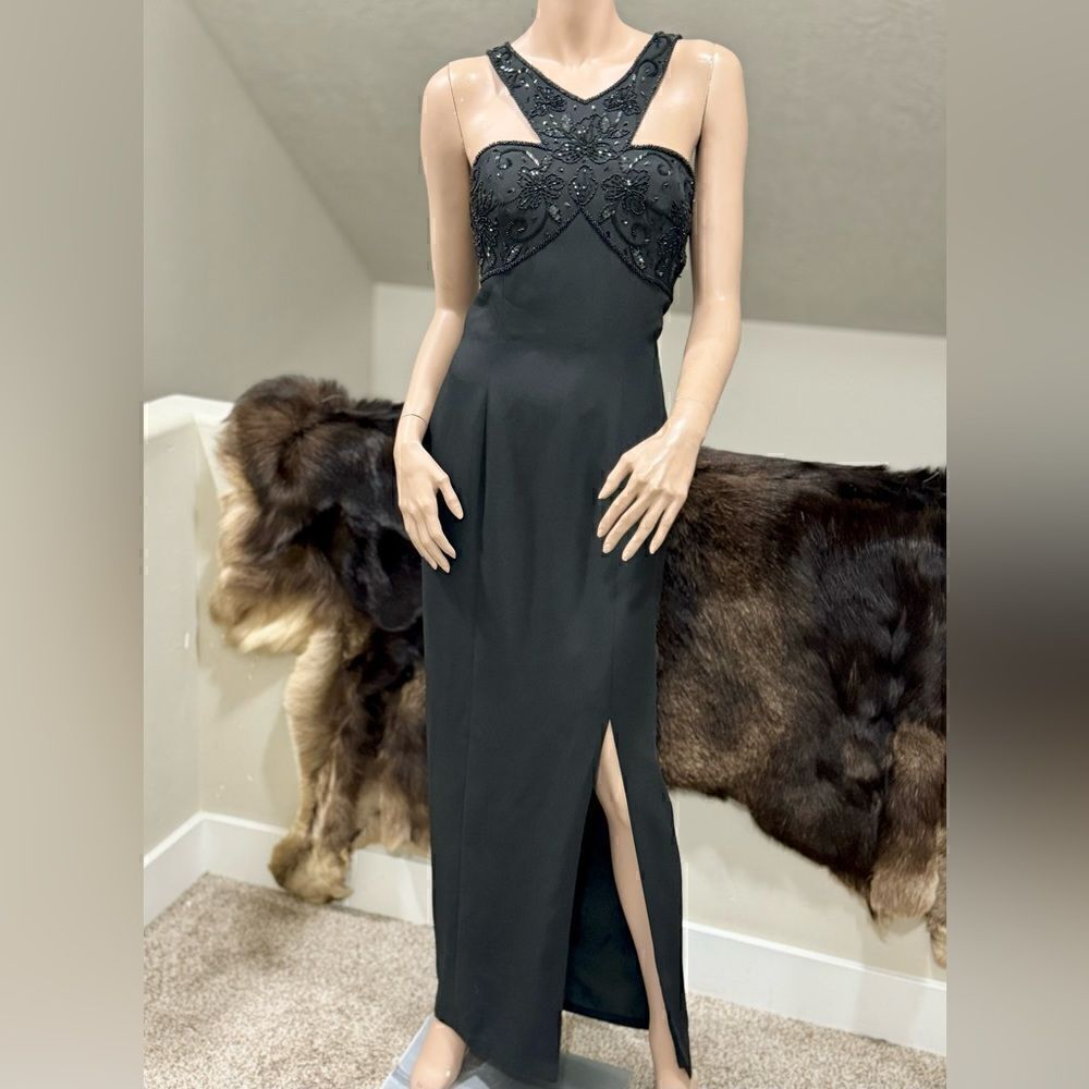 Vintage Style Black Halter Beaded Gown/Evening Dress Includes a 100% Silk Shawl